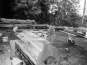 Bill Reid and Doug Cranmer carving cedar log in Totem Park, 1961