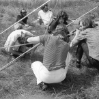 Geodesic dome construction on the mudflats, Michael de Courcy, Glenn Lewis, 1970