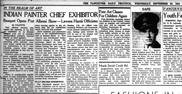 Indian Painter Chief Exhibitor Banquet Opens Port Alberni Show - Lawren Harris Officiates, Vancouver Province, September 20, 1944 (page 7)