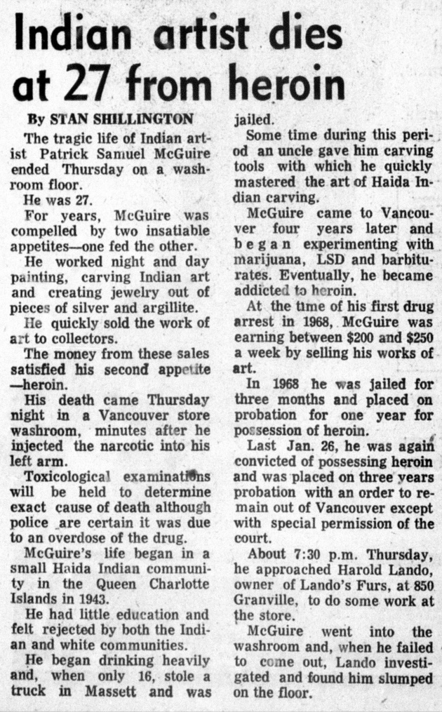 Indian artist dies at 27 from heroin, Vancouver Sun, December 11, 1970 (page 37)