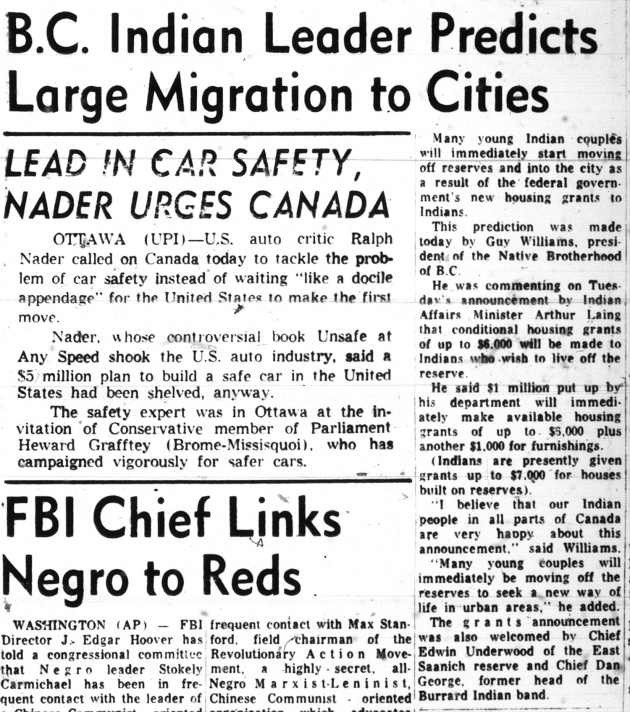 BC Indian Leader Predicts Large Migration to Cities, Vancouver Sun, May 17, 1967 (page 30) 