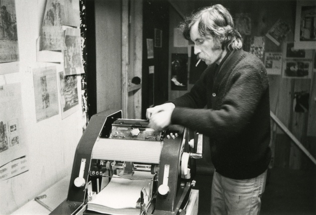 Michael de Courcy, Gerry Gilbert using the Roneo at Intermedia, 1968