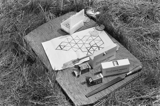 Geodesic dome construction on the mudflats, Michael de Courcy, 1970