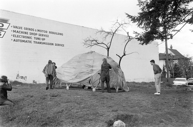 Geodesic Dome construction in a vacant lot, 1970