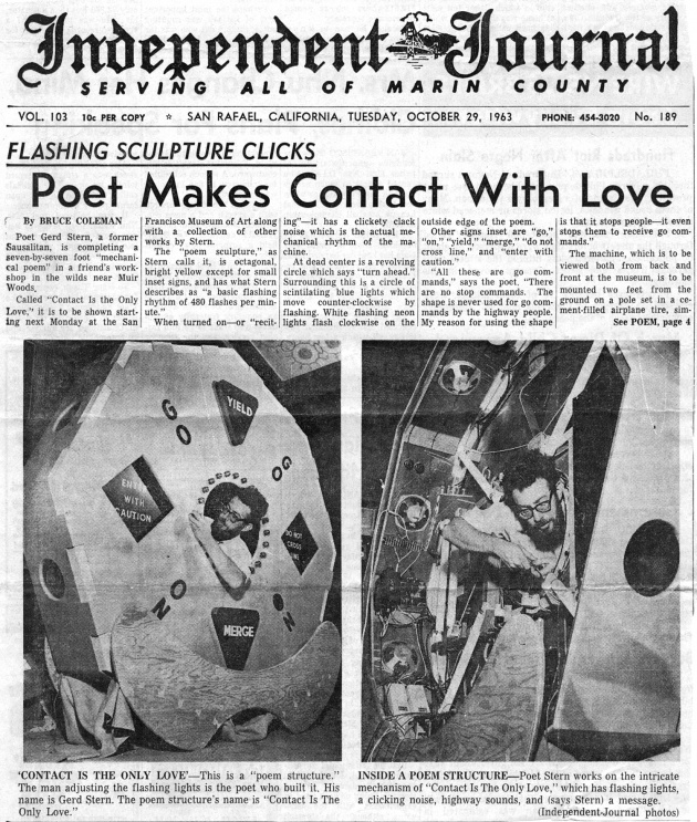 Flashing Sculpture Clicks: Poet Makes Contact With Love, Independent Journal, October 29, 1963