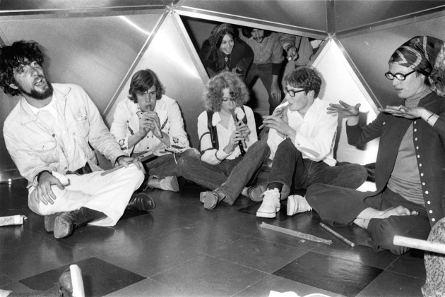 Playing flutes at the Dome Show opening , 1970