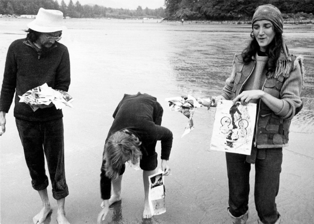 Roy Kiyooka, artscanada/afloat (3 figures on beach - Kiyooka on the left), 1971