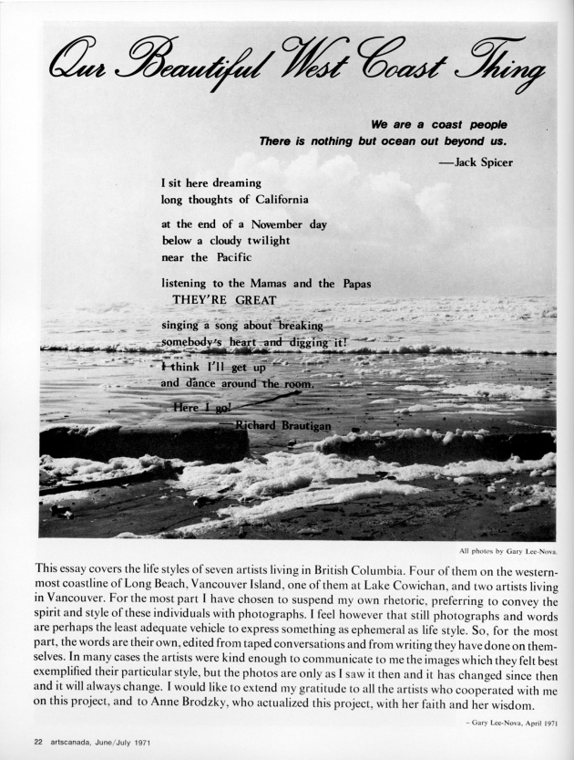 "Our Beautiful West Coast Thing",  artscanada, June/July, 1971 (page 22)