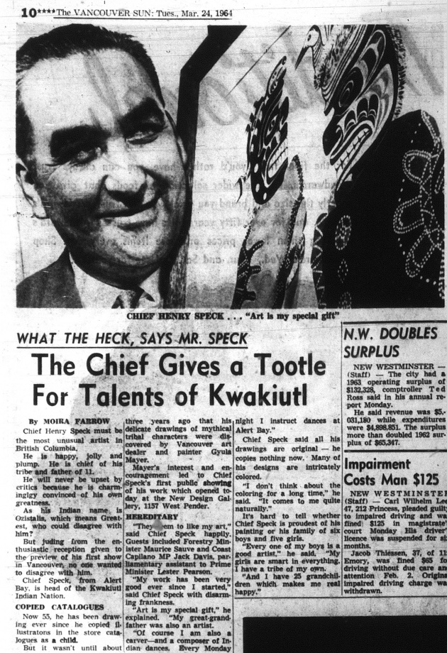 What the Heck Says Mr. Speck: The Chief Gives a Tootle for the Talents of Kwakiutl, Vancouver Sun, March 24, 1961 (page 10) 