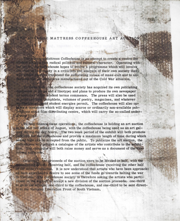 press release for The Advance Mattress Coffeehouse Art Auction, blewointment magazine, 1966