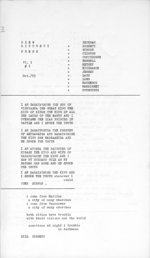 Blew Ointment Press, Vol. 1 #1, October, 1963 (Table of Contents)