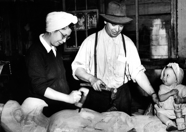 Neel Family Carving a Totem Pole in Stanley Park, 1948