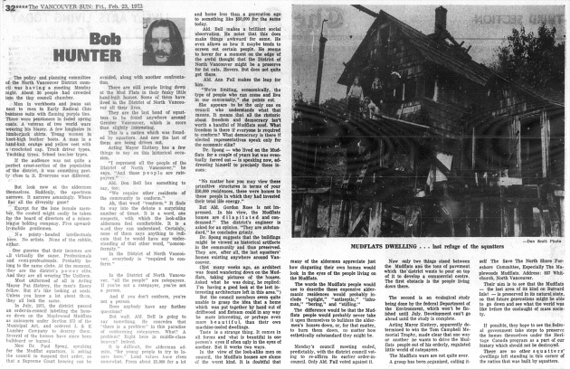 â€œMudflats Dwelling... last refuge of the squatters,â€  Vancouver Sun, February 23, 1973